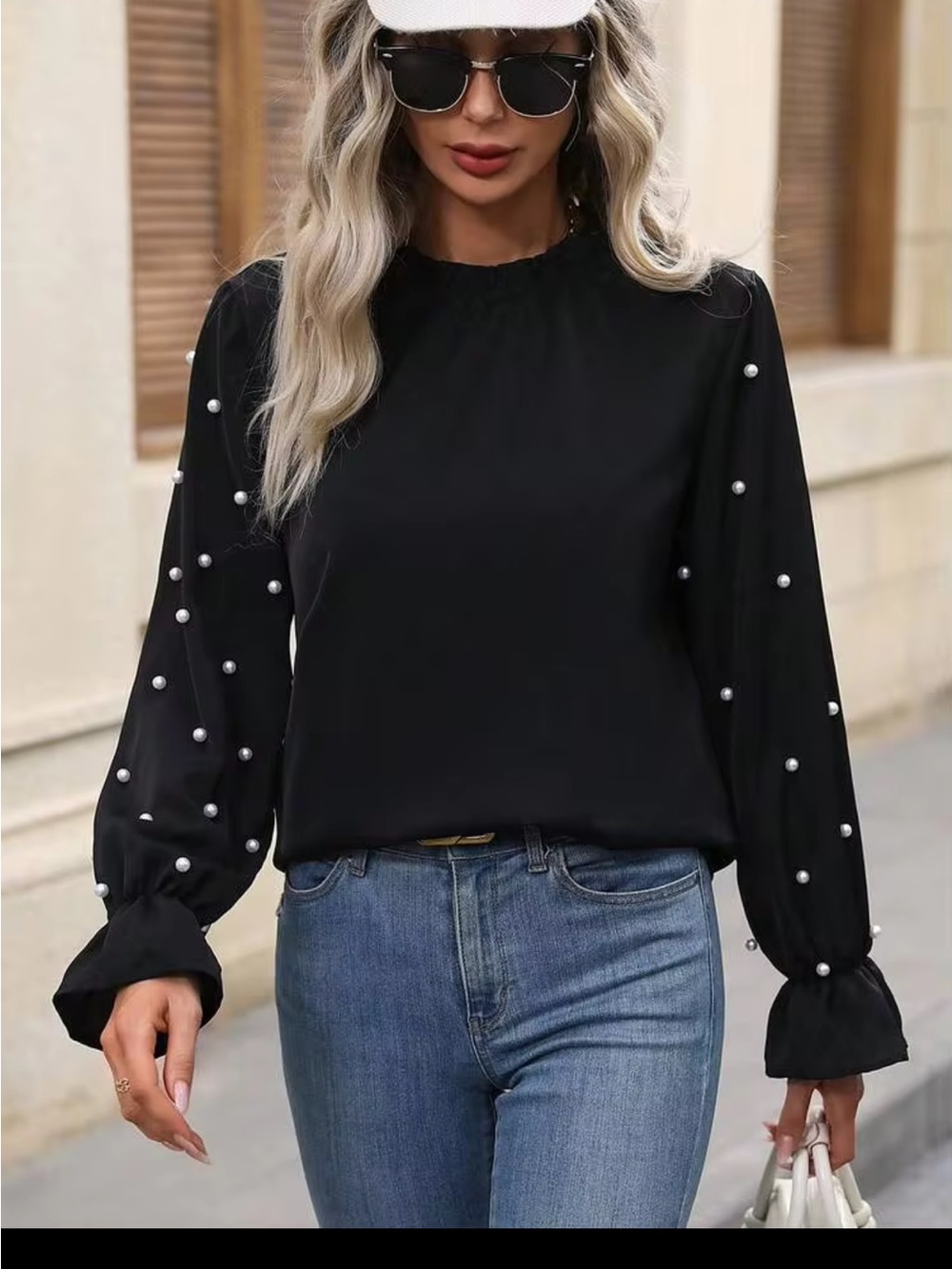 Black Pearl-Accent Long Flare Sleeve Top Sz M New!